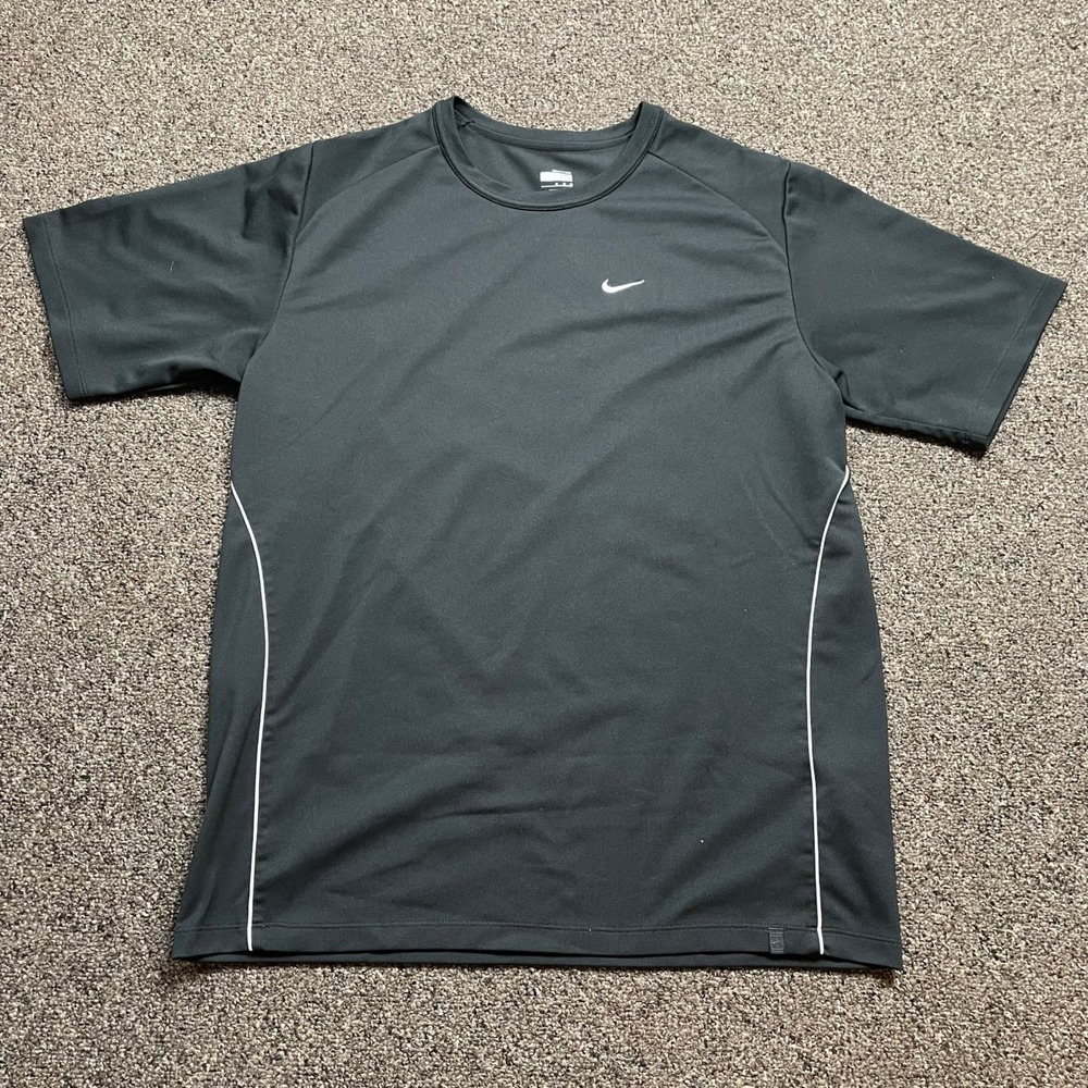 Nike FIT DRY Mens Medium Black Short Sleeve Athletic T-Shirt White Piping Swoosh